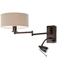Possini Euro Design Radix Modern Swing Arm Wall Lamp Bronze with Cord Cover Led Reading Light Plug-in Light Fixture Oatmeal Shade for Bedroom Bedside