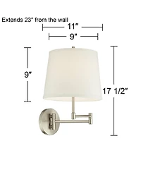 360 Lighting Oray Modern Swing Arm Wall Lamps Set of 2 Brushed Nickel Plug-in Light Fixture Off White Cotton Drum Shade for Bedroom Living Room House