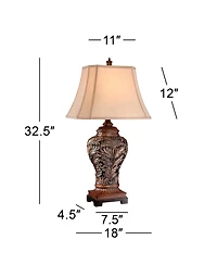 Barnes and Ivy Leafwork Vase 32 1/2" Tall Large Traditional End Table Lamp Brown Wood Finish Tan Rectangular Shade Living Room