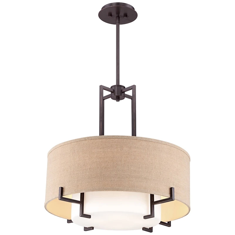 Concentric Bronze Pendant Chandelier Lighting 25" Wide Farmhouse Rustic White Glass Burlap Drum Shade 4-Light Fixture for Dining Room Living House Hom