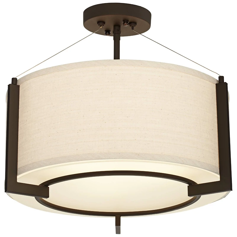 Possini Euro Design Stinson Modern Ceiling Light Semi Flush Mount Fixture 17 1/4" Wide Bronze 3-Light Linen Drum Shade for Bedroom Kitchen Living