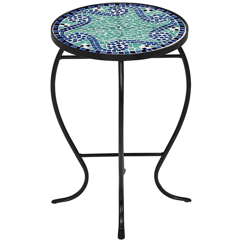Ocean Wave Modern Industrial Black Iron Metal Round Outdoor Accent Side Table 14" Wide Light Green Mosaic Tile Tabletop Gracefully Curved Legs for Por
