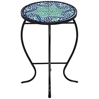 Ocean Wave Modern Industrial Black Iron Metal Round Outdoor Accent Side Table 14" Wide Light Green Mosaic Tile Tabletop Gracefully Curved Legs for Por