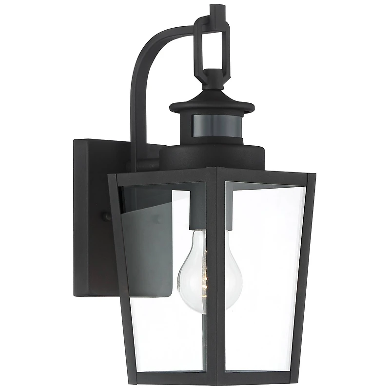 Possini Euro Design Ackerly Modern Outdoor Wall Light Fixture Textured Black Dusk to Dawn Motion Sensor 14" Clear Glass for Post Exterior Barn De