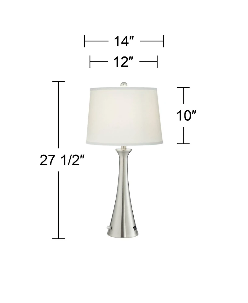 360 Lighting Karl Modern Table Lamps 27 1/2" Tall Set of 2 Brushed Nickel with Usb and Outlet White Drum Shade for Bedroom Living Room House Beds