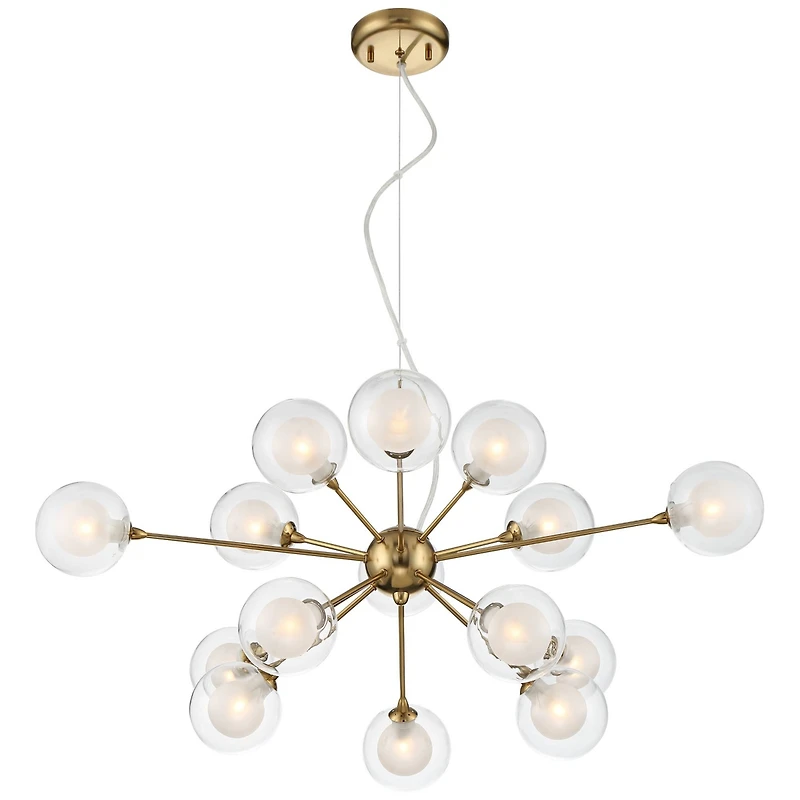 Spheres Antique Brass Sputnik Pendant Chandelier 30" Wide Mid-Century Modern Clear Outer Frosted Inner Glass 15-Light Fixture Dining Room House F