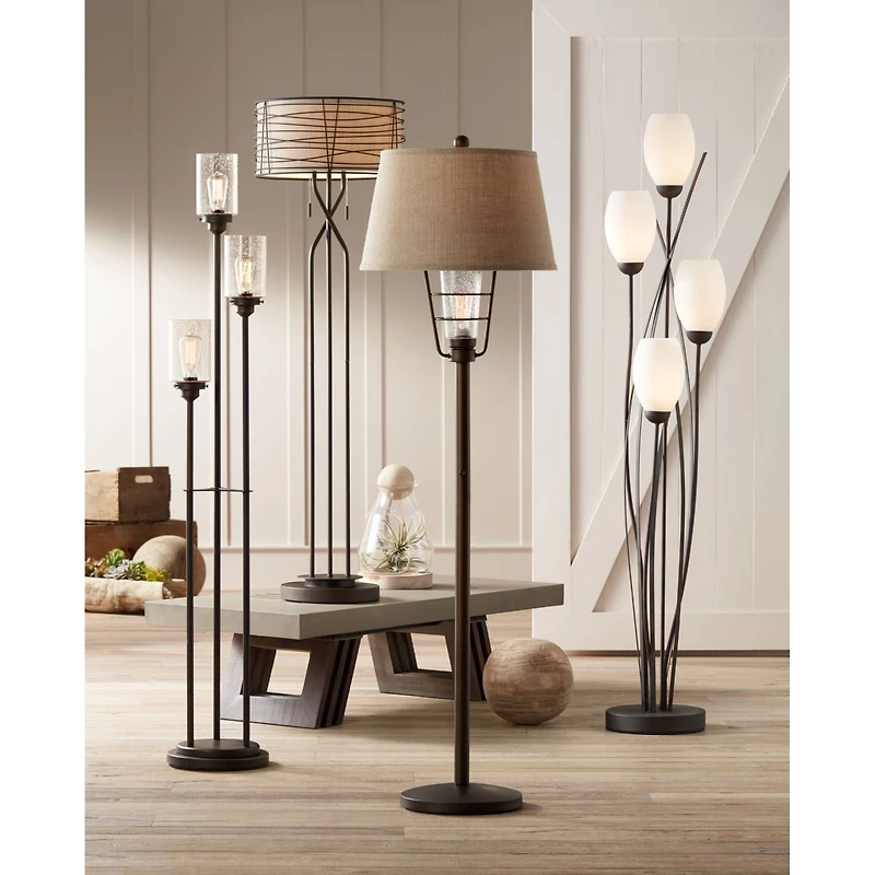Franklin Iron Works Modern Floor Lamp 4-Light Tree 73" Tall Ginger Black Tulip White Cased Glass Shades for Living Room Bedroom Uplight