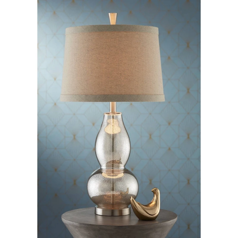 360 Lighting Modern Table Lamp 30.5" Tall Mercury Glass Silver Gourd Natural Linen Drum Shade for Living Room Family Bedroom Nightstand
