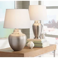 360 Lighting Rupert Modern Table Lamp 25" High Brushed Nickel Hammered White Linen Drum Shade for Bedroom Living Room Bedside Nightstand Office K