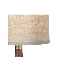 360 Lighting Mid Century Modern Table Lamp 24" High Walnut Faux Wood Brown Off White Linen Drum Shade for Bedroom Living Room House Bedside Offic