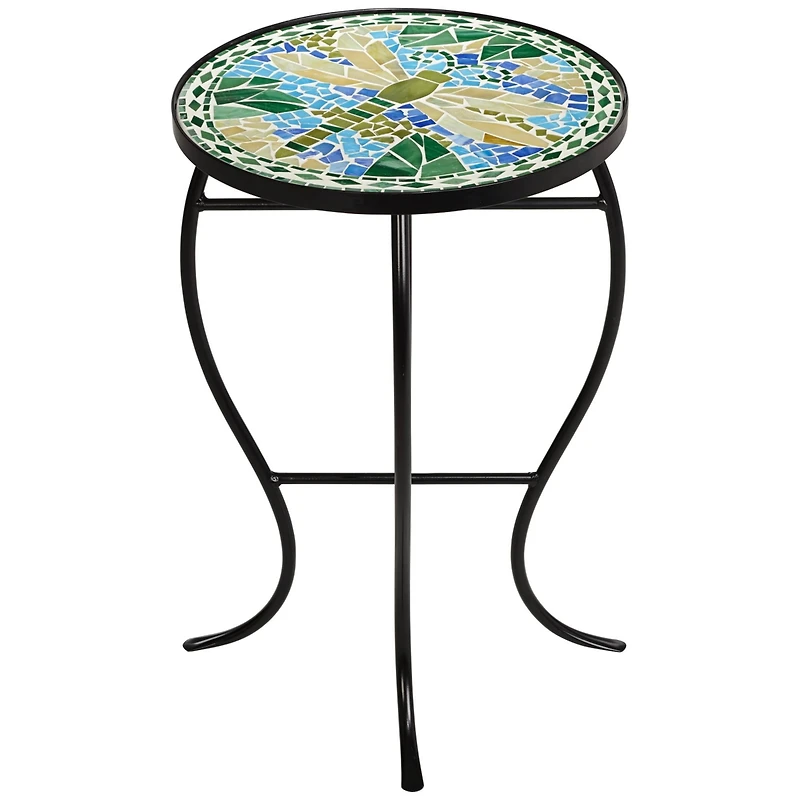 Dragonfly Modern Black Metal Round Outdoor Accent Side Table 14" Wide Blue Green Mosaic Tile Inlay Tabletop Gracefully Curved Legs for Spaces Porch Pa