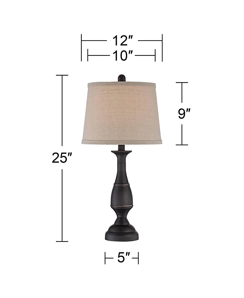 Regency Hill Ben Rustic Farmhouse Table Lamps 25" High Set of 2 Dark Bronze Metal Beige Linen Drum Shade for Bedroom Living Room Bedside Nightsta