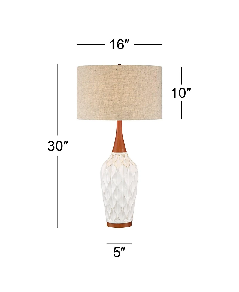 Rocco Mid Century Modern Table Lamp 30" Tall White Wave Geometric Ceramic Oak Wooden Neck Tan Fabric Drum Shade for Living Room Bedroom House Bedside