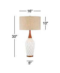 Rocco Mid Century Modern Table Lamp 30" Tall White Wave Geometric Ceramic Oak Wooden Neck Tan Fabric Drum Shade for Living Room Bedroom House Bedside