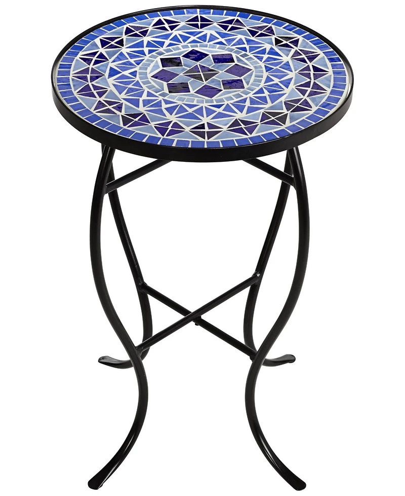 Teal Island Designs Modern Black Round Outdoor Accent Side Tables 14" Wide Set of 2 Light Blue Mosaic Tabletop Front Porch Patio Home House