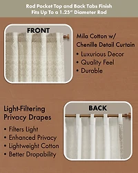 Mila Cotton Curtain Panel with Chenille Detail and Lining, 50"W x 84"L