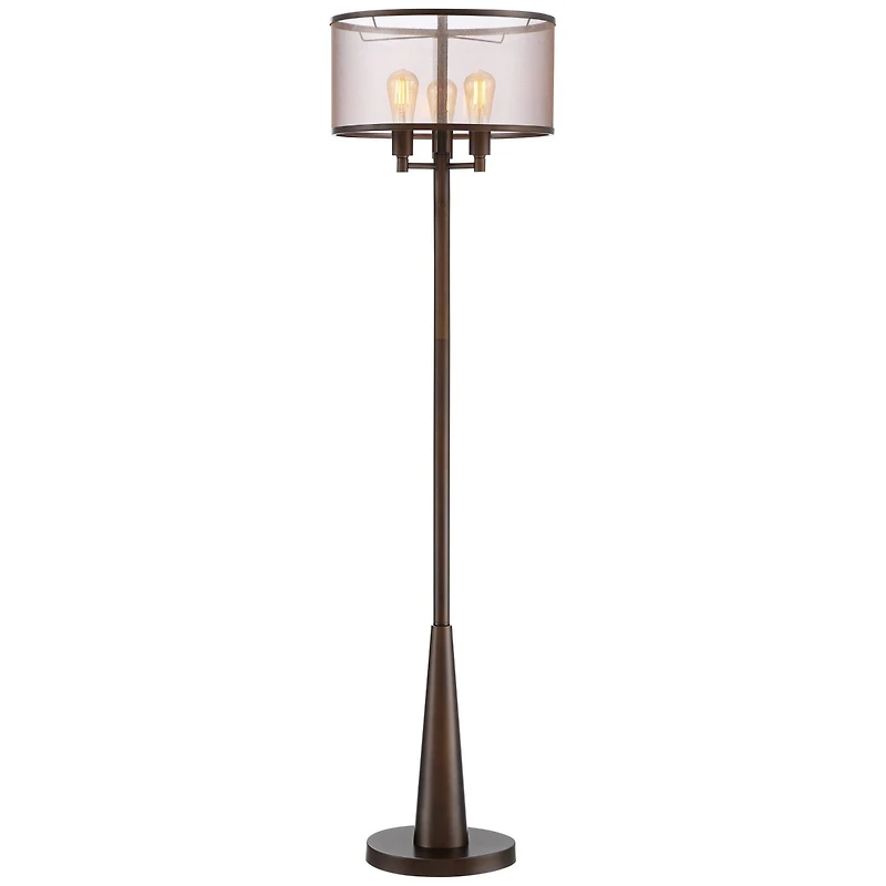 Franklin Iron Works Durango Rustic Farmhouse Floor Lamp 62" Tall Oiled Bronze Metal 3 Light Led Brown Sheer Drum Shade for Living Room Bedroom Of