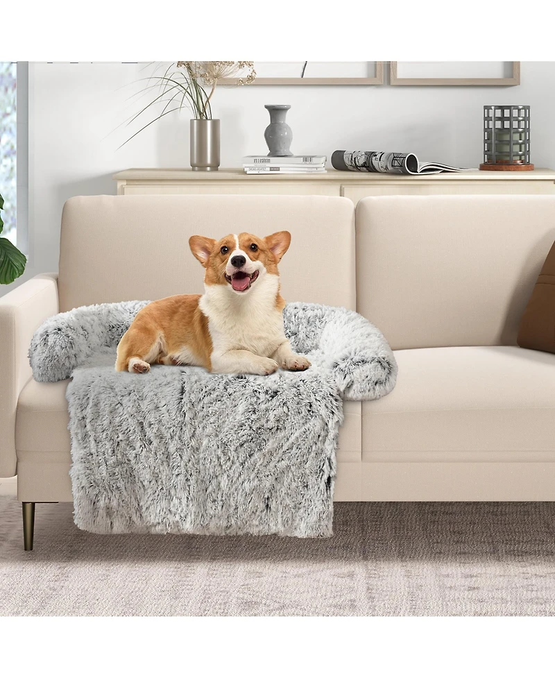 Plush Calming Dog Couch Bed with Anti-Slip Bottom Mat for Small Dogs & Cats