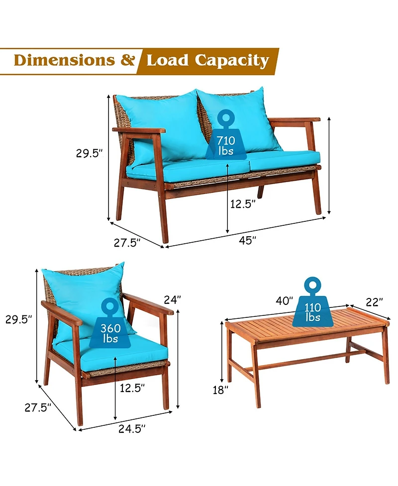 Costway 8PCS Patio Rattan Furniture Set Acacia Wood Frame Cushioned Sofa Chair Turquoise