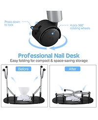 Byootique Folding Manicure Nail Table 2in1 Rolling Makeup Train Case Kit Manicure Cosmetic Trolley Travel Organizer Nail Case, Black