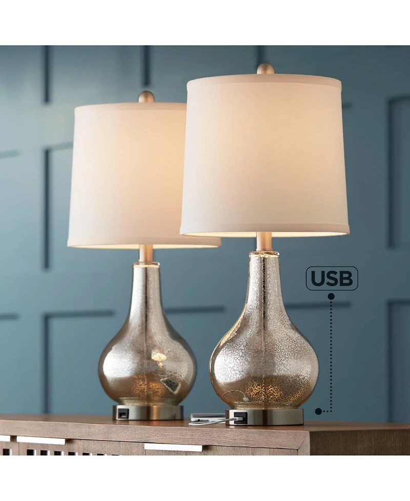 360 Lighting Ledger Modern Accent Table Lamps 21 3/4" High Set of 2 Mercury Glass with Usb Charging Port Off-White Drum Shade for Family Office D