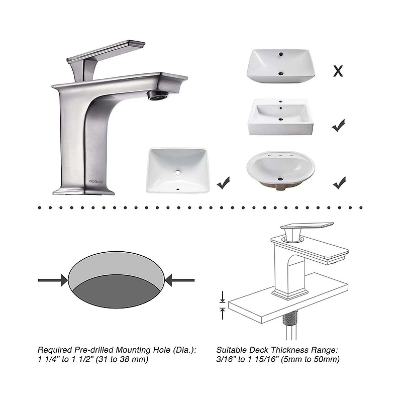 Aquaterior Simple 1 Hole Bathroom Square Faucet Undermount Sink Cold & Hot Water Nickel