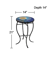 Teal Island Designs Ocean Modern Black Metal Round Outdoor Accent Side Table 14" Wide Blue Mosaic Tile Tabletop Gracefully Curved Legs Front Porch Pat