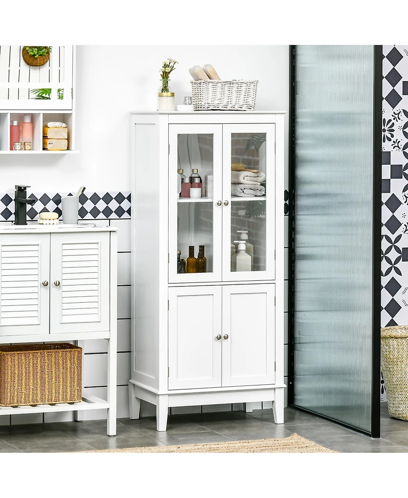 Kleankin Bathroom Floor Cabinet with 2 Storage Cabinets, Tempered Glass Door, Freestanding Linen Tower with Adjustable Shelves for Living Room, White