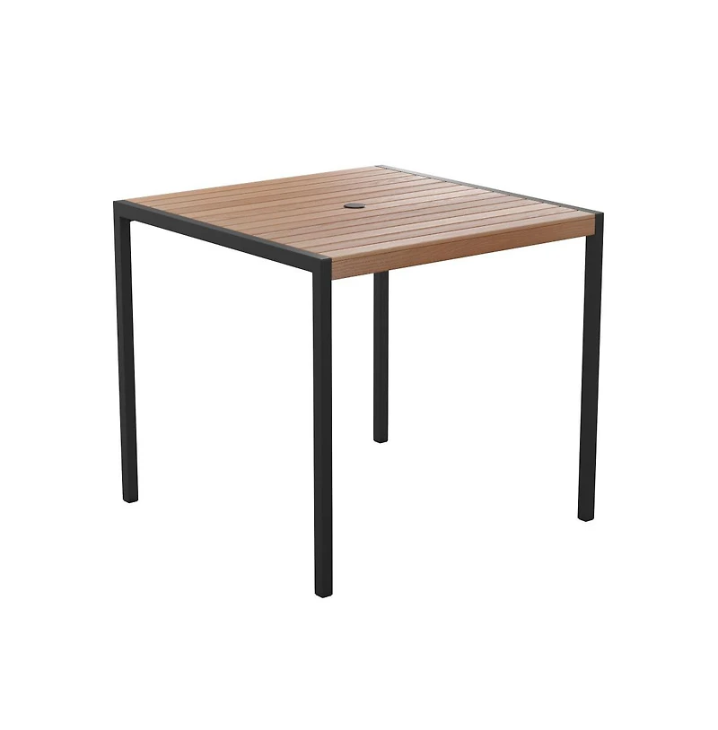 Merrick Lane Faux Teak Outdoor Dining Table With Powder Coated Steel Frame And Umbrella Hole