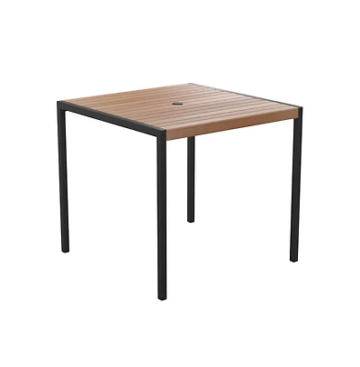 Merrick Lane Faux Teak Outdoor Dining Table With Powder Coated Steel Frame And Umbrella Hole