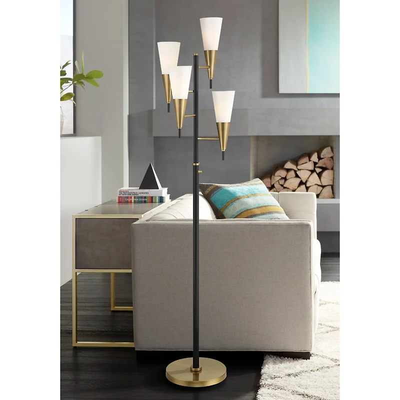 Possini Euro Design Quatro Mid Century Modern Tree Floor Lamp 71" Tall Black Gold Metal 4 Light Frosted Glass Cone Shade for Living Room Bedroom