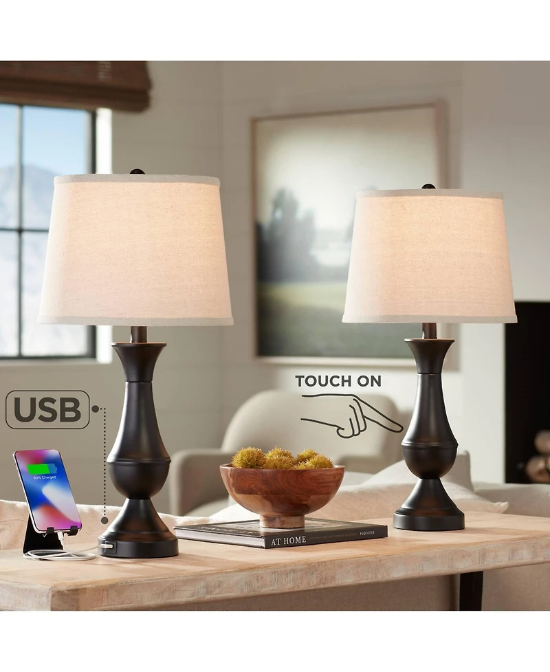 Regency Hill Traditional Table Lamps 25" High Set of 2 with Hotel Style Usb Charging Port Led Bronze Oatmeal Shade Touch On Off for Living Room B