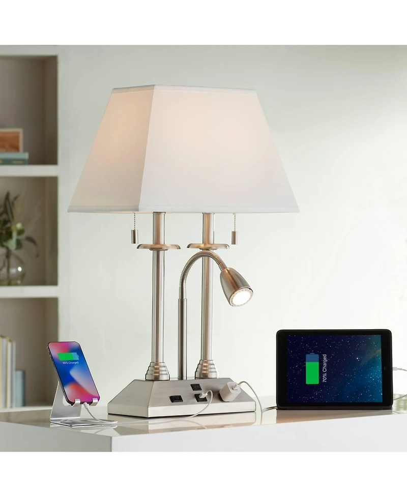 Possini Euro Design Dexter Modern Table Lamp 26" High Brushed Nickel with Usb and Ac Power Outlet in Base Led Reading Light White Shade for Home