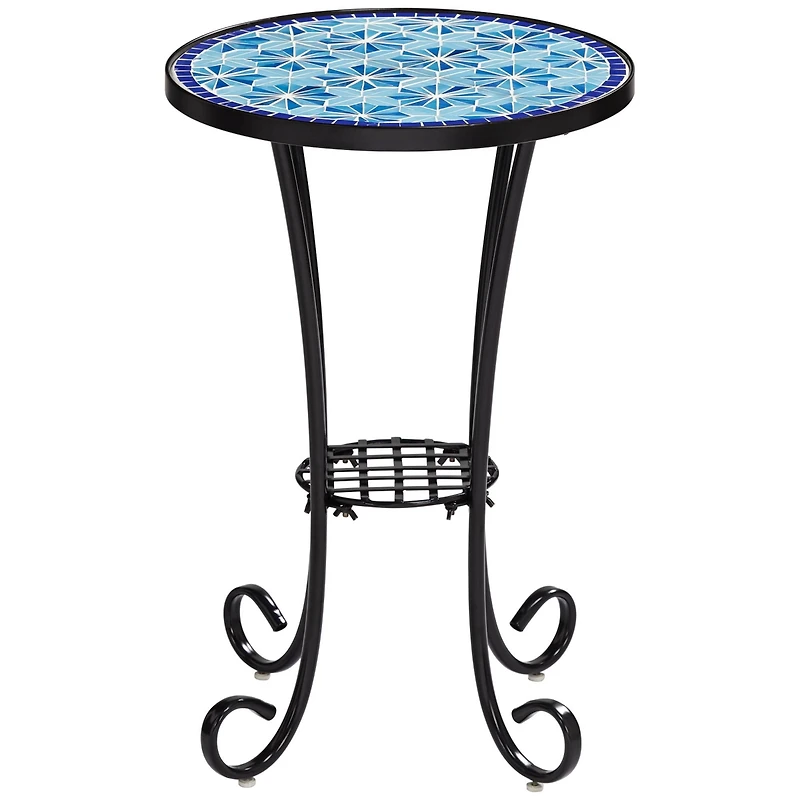 Teal Island Designs Blue Star Modern Black Metal Round Outdoor Accent Side Table 14" Wide with Lower Shelf Mosaic Tabletop Gracefully Curved Legs for