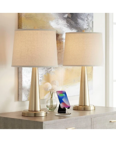 360 Lighting Modern Table Lamps 25" High Set of 2 with Usb Charging Port Brass Metal Beige Drum Shade for Bedroom Living Room House Desk Bedside