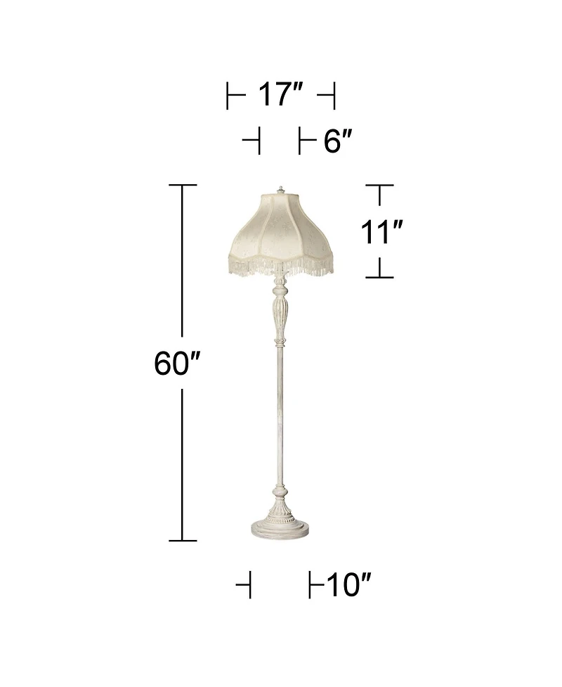 Traditional Vintage like Shabby Chic Lamp Floor Standing 60" Tall Antique White Victorian Cream Scallop Fabric Dome Shade with Fringe Decor for L