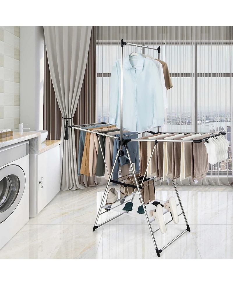 2-Layer Stainless Steel Foldable Drying Rack w/ Hanging Bar & 2 Height-adjustable Wings