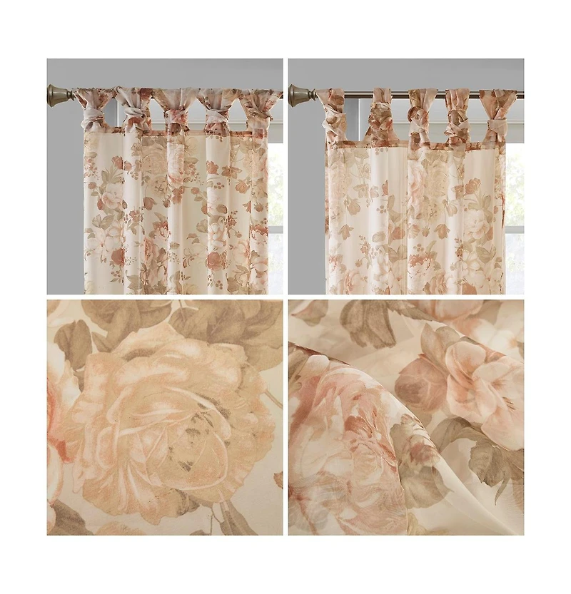 Simone Printed Floral Twist Tab Top Voile Sheer Curtain, 50x84