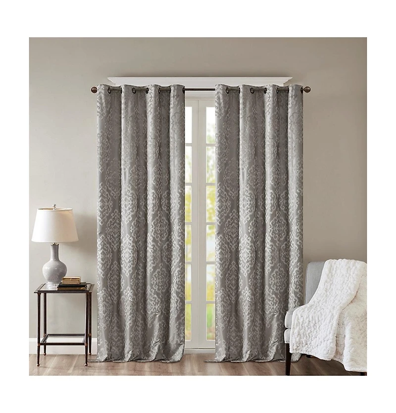 Mirage Knitted Jacquard Damask Total blackout curtains for bedroom, Silver grommet top fit up to 1.25 inches rod Single Curtain Panel for Living Room