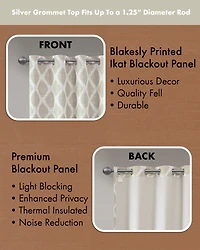 Blakesly Ikat blackout curtains for bedroom, Silver grommet top fit up to 1.25 inches rod Single Curtain Panel for Living Room, Width 50 length 95 inc