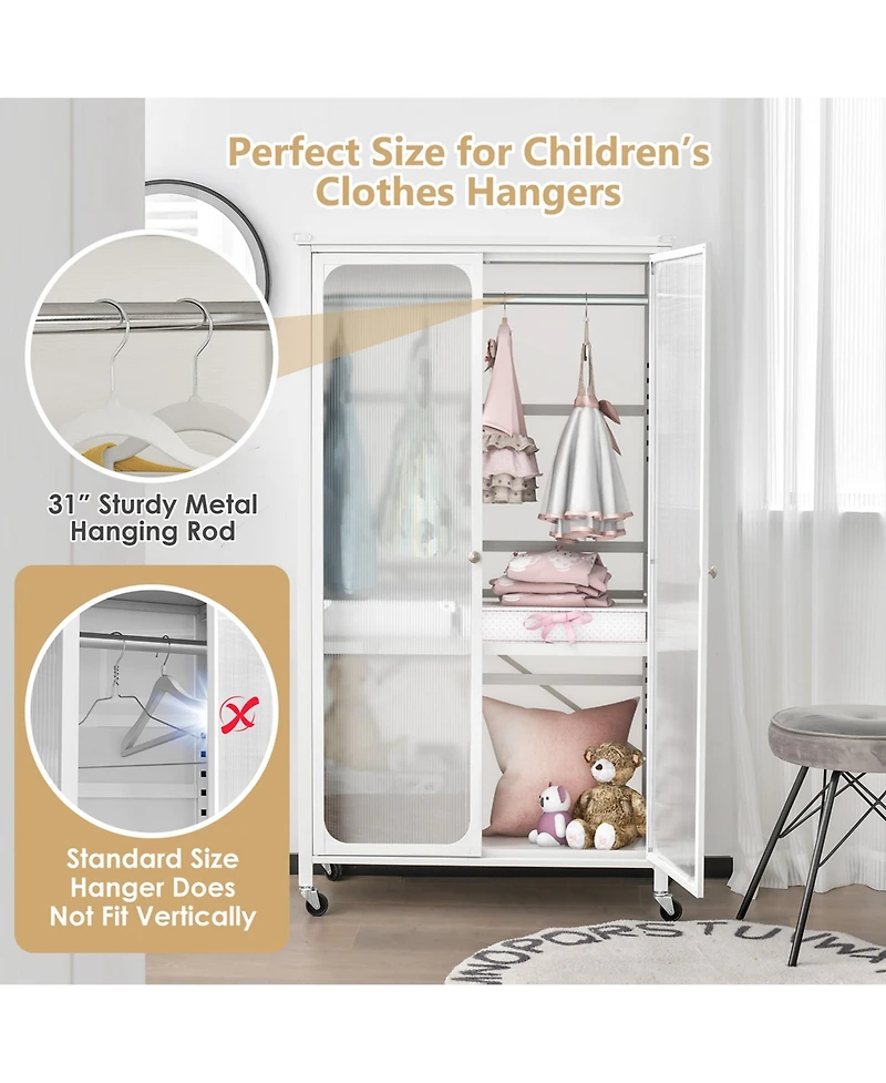 Storage Wardrobe Cabinet Mobile Armoire Closet with Hanging Rod & Adjustable Shelf