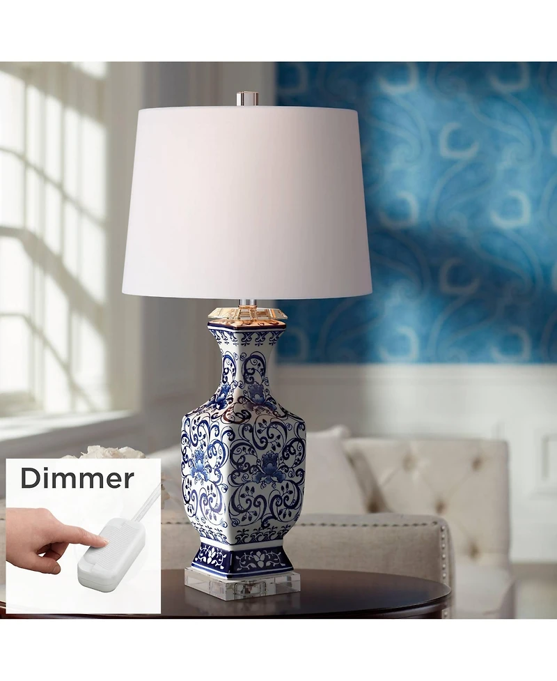 Barnes and Ivy Iris Vintage Style Table Lamp 28" Tall Blue White Floral Geneva with Table Top Dimmer White Drum for Bedroom Living Room Bedside O