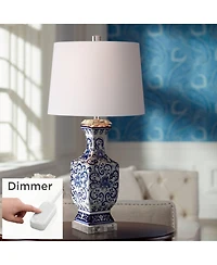 Barnes and Ivy Iris Vintage Style Table Lamp 28" Tall Blue White Floral Geneva with Table Top Dimmer White Drum for Bedroom Living Room Bedside O