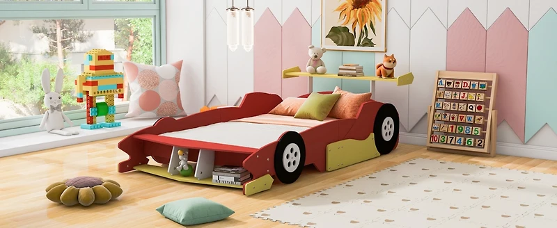 Streamdale Full Size Race Car-Shaped Platform Bed With Wheels, Blue