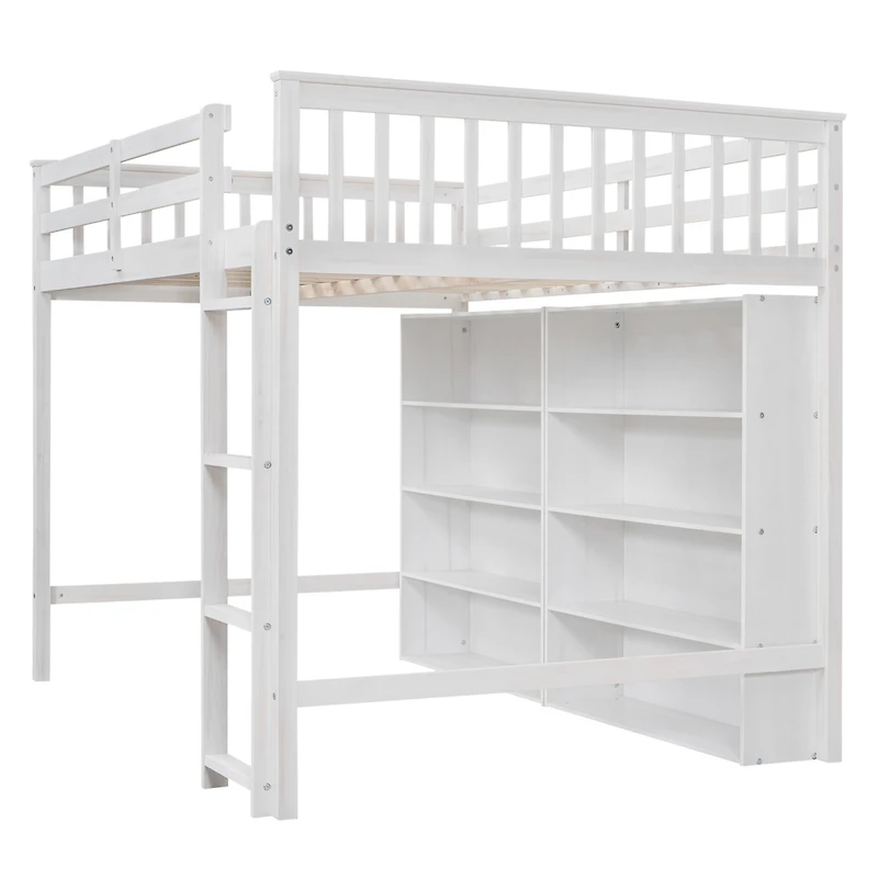 Full Size Loft Bed With 8 Open Storage Shelves And Builtin Ladder