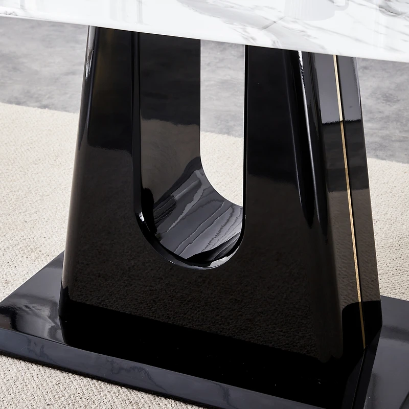 Streamdale Furniture 1 table and 6 chairs. Modern, simple and luxurious white imitation marble rectangular dining table and desk with 6 black Pu gold