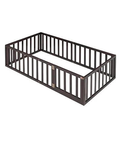 Simplie Fun Twin Size Wood Floor Bed Frame With Fence And Door, Walnut