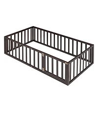 Simplie Fun Twin Size Wood Floor Bed Frame With Fence And Door, Walnut