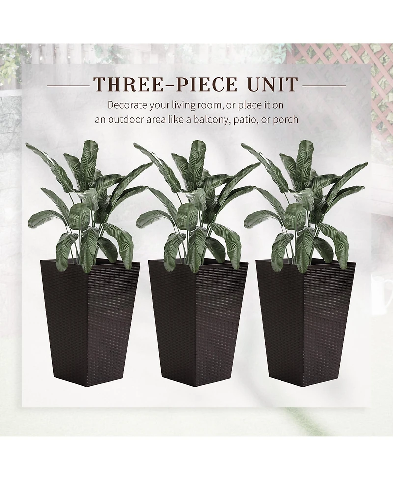 Stylish Rattan-Like Set of 3 Self-Draining Planter Pots (14x14x24