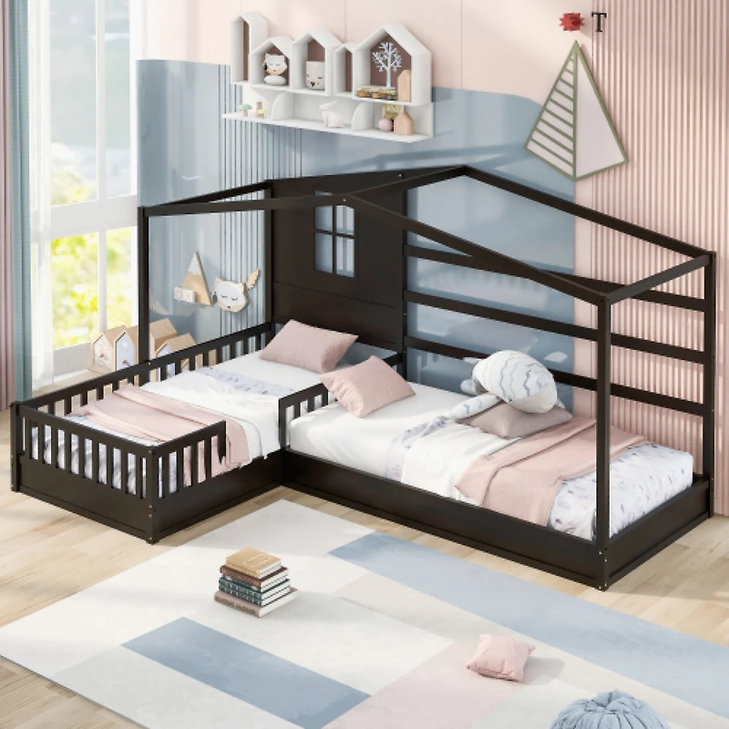 Streamdale Twin Bed with L-Structure Fence, Espresso